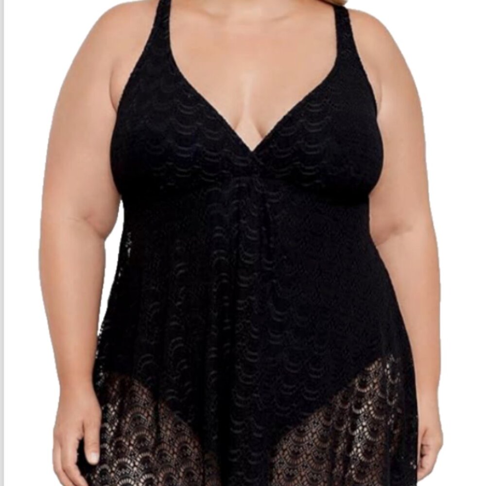 Swim Solutions Plus Size Tummy Control Lace Swimdress, Black, Size 20w 8839